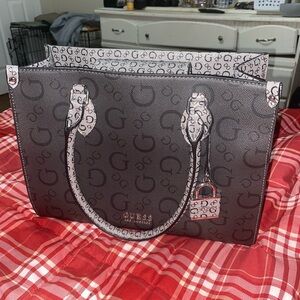 NWT GUESS Oak Park Black and Grey Faux Leather Tote Bag